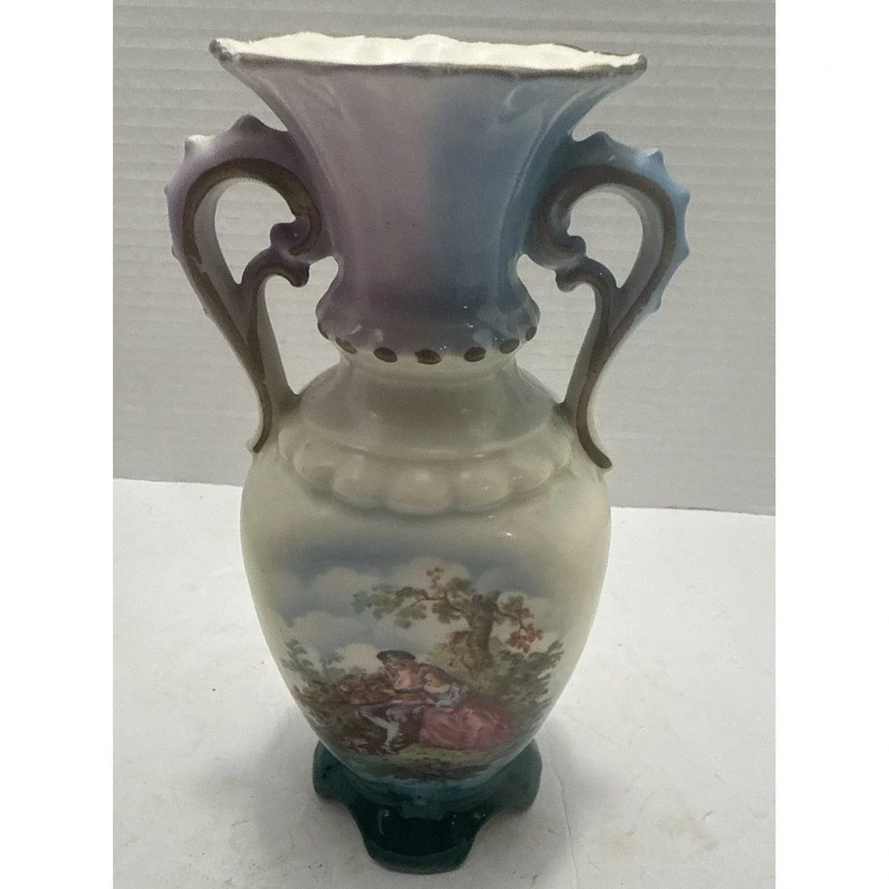 Vtg Czechoslovakian Porcelain Vase W/ Hand-Painted Courting Scene-Double Handles